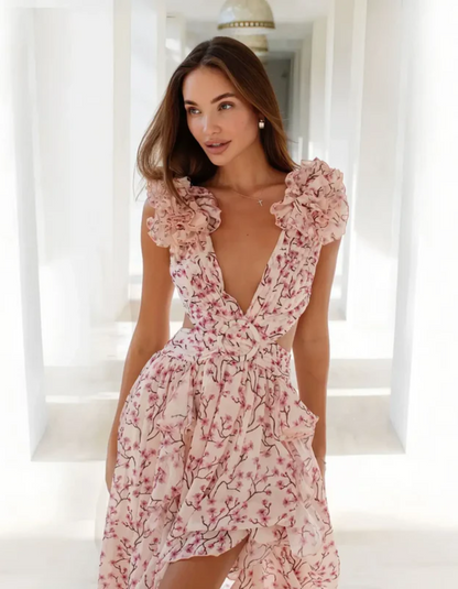 | Ruffled coral print plunge maxi dress
