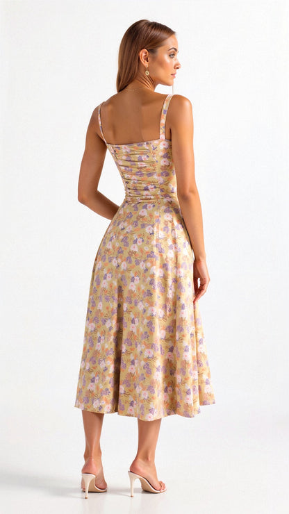 Corset Midi Dress – Tailored Waist and Flowing Skirt