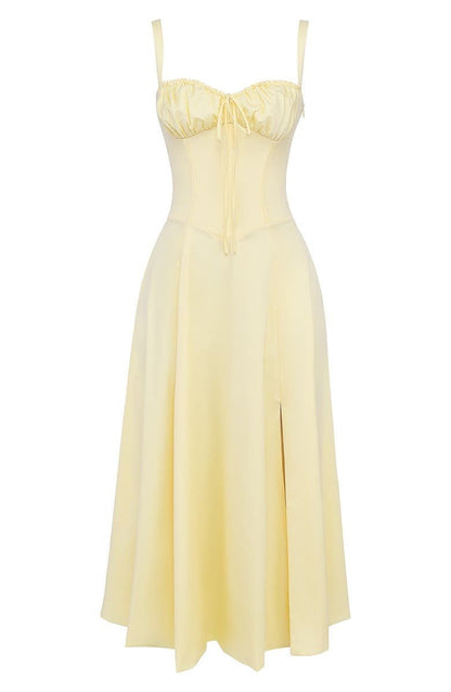 Corset Midi Dress – Tailored Waist and Flowing Skirt