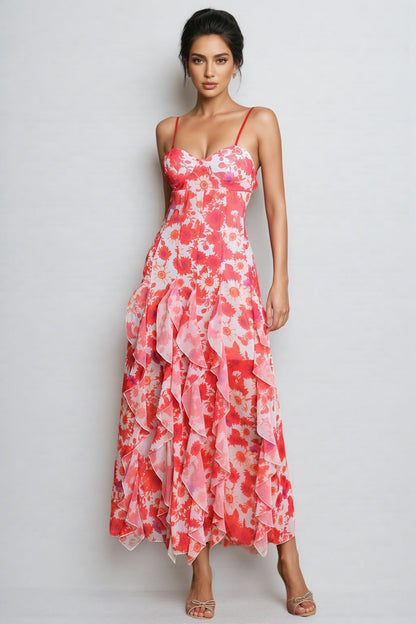 Caldrek Spaghetti Floral Ruffle Maxi Dress