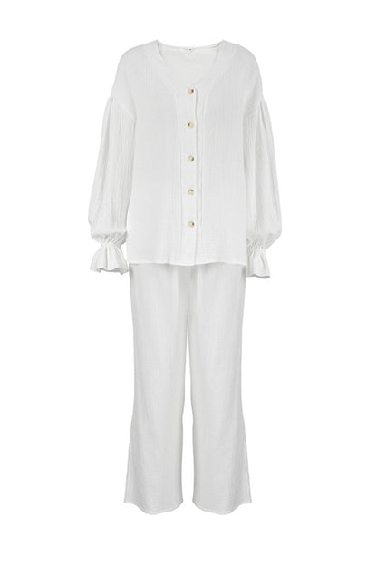 Cotton Flare Sleeve Cardigan Long Pants Set