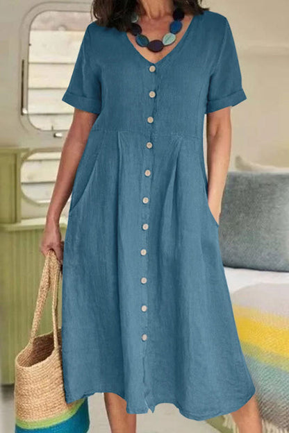 Cotton Linen Button-down Midi Dress