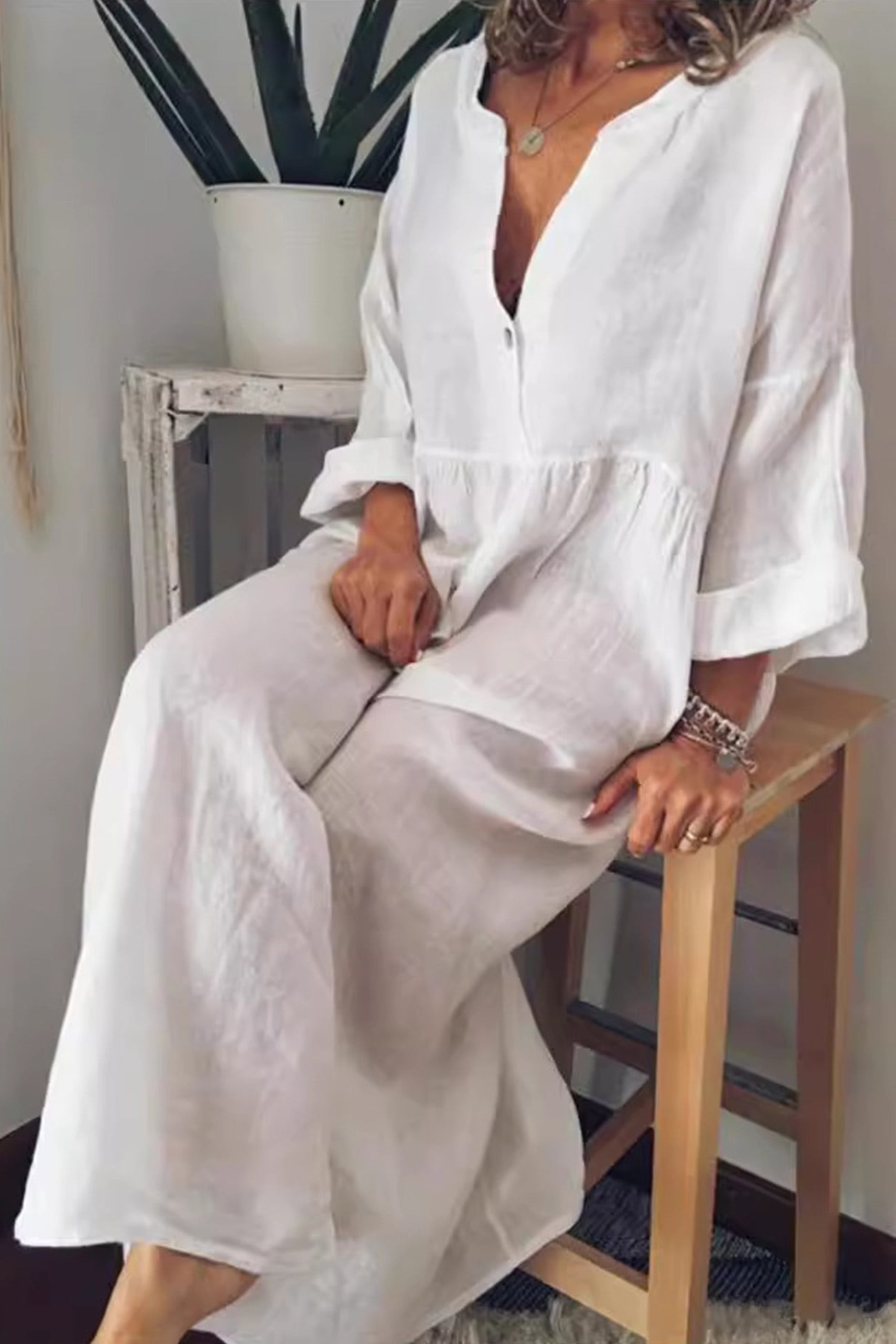Cotton Linen V Neck Large Hem Dress