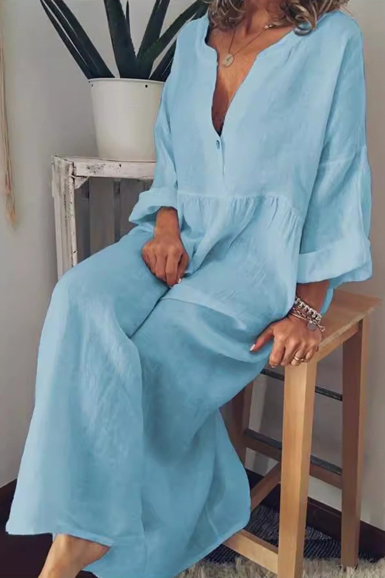 Cotton Linen V Neck Large Hem Dress