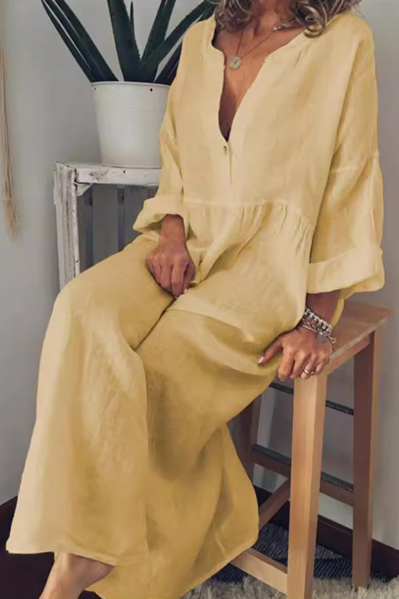 Cotton Linen V Neck Large Hem Dress