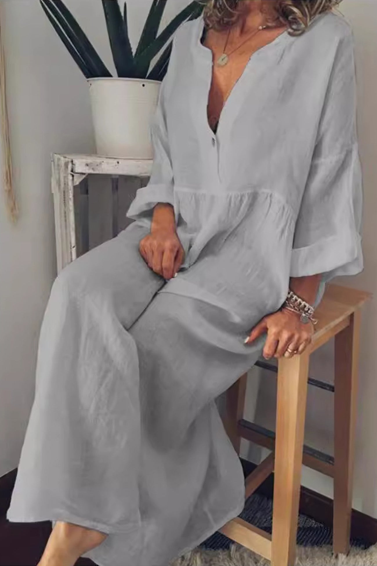 Cotton Linen V Neck Large Hem Dress