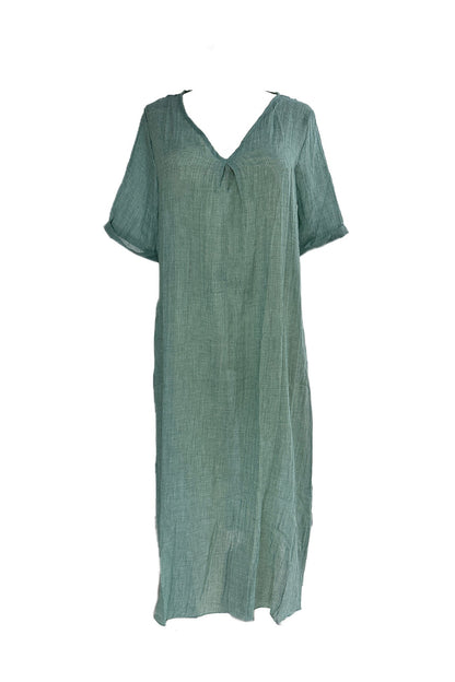 Cotton Solid V Neck Midi Dress