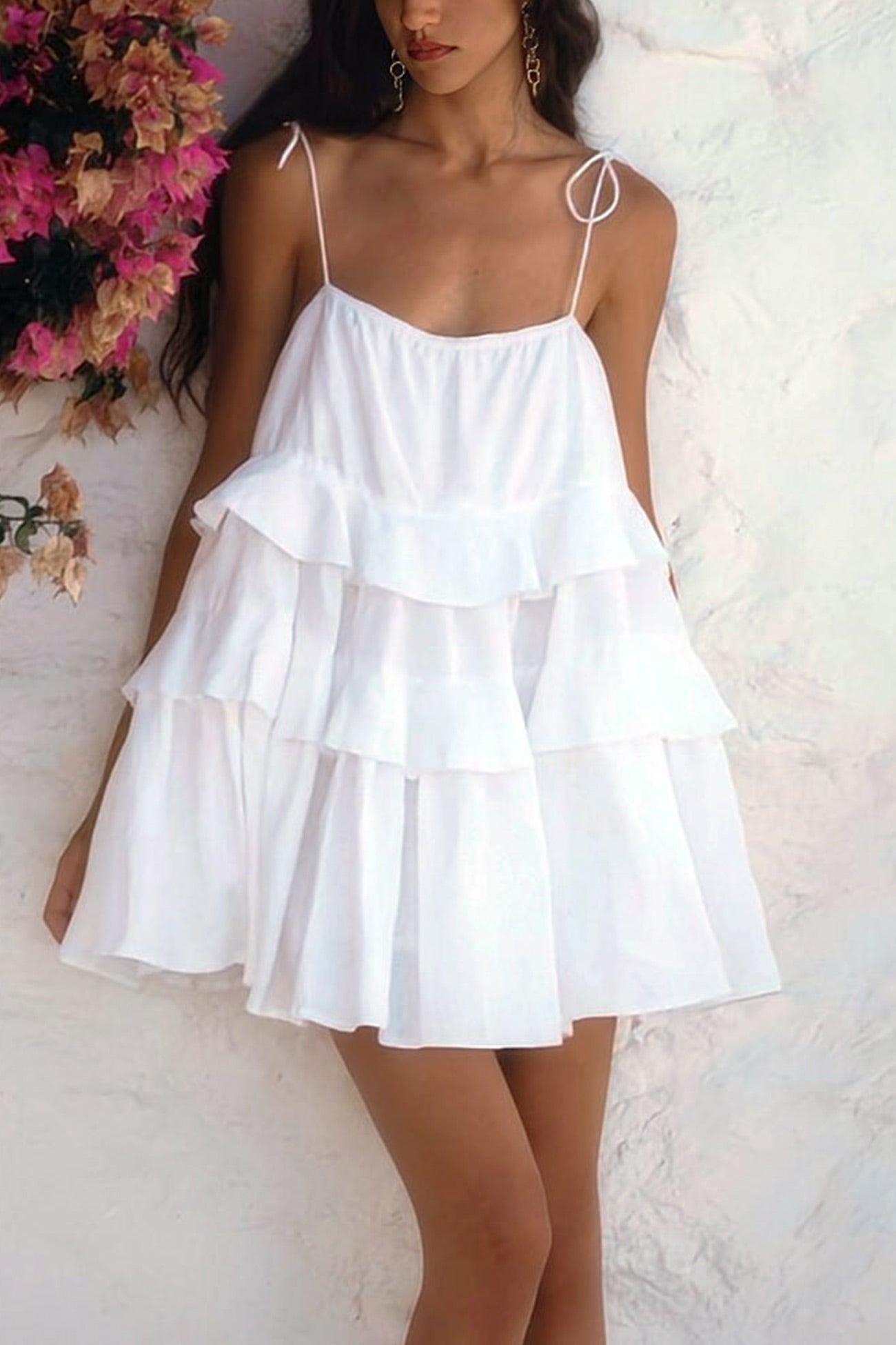 Scoop Neck Bow Tie Shoulder Spaghetti Strap Triple Tier Ruffle Babydoll Mini Dress