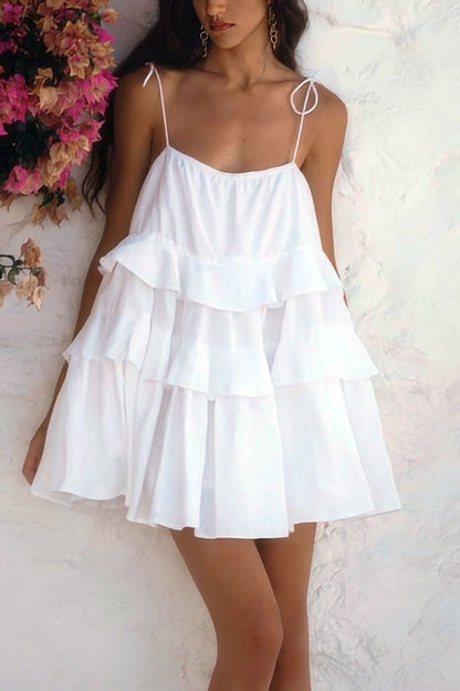 Scoop Neck Bow Tie Shoulder Spaghetti Strap Triple Tier Ruffle Babydoll Mini Dress