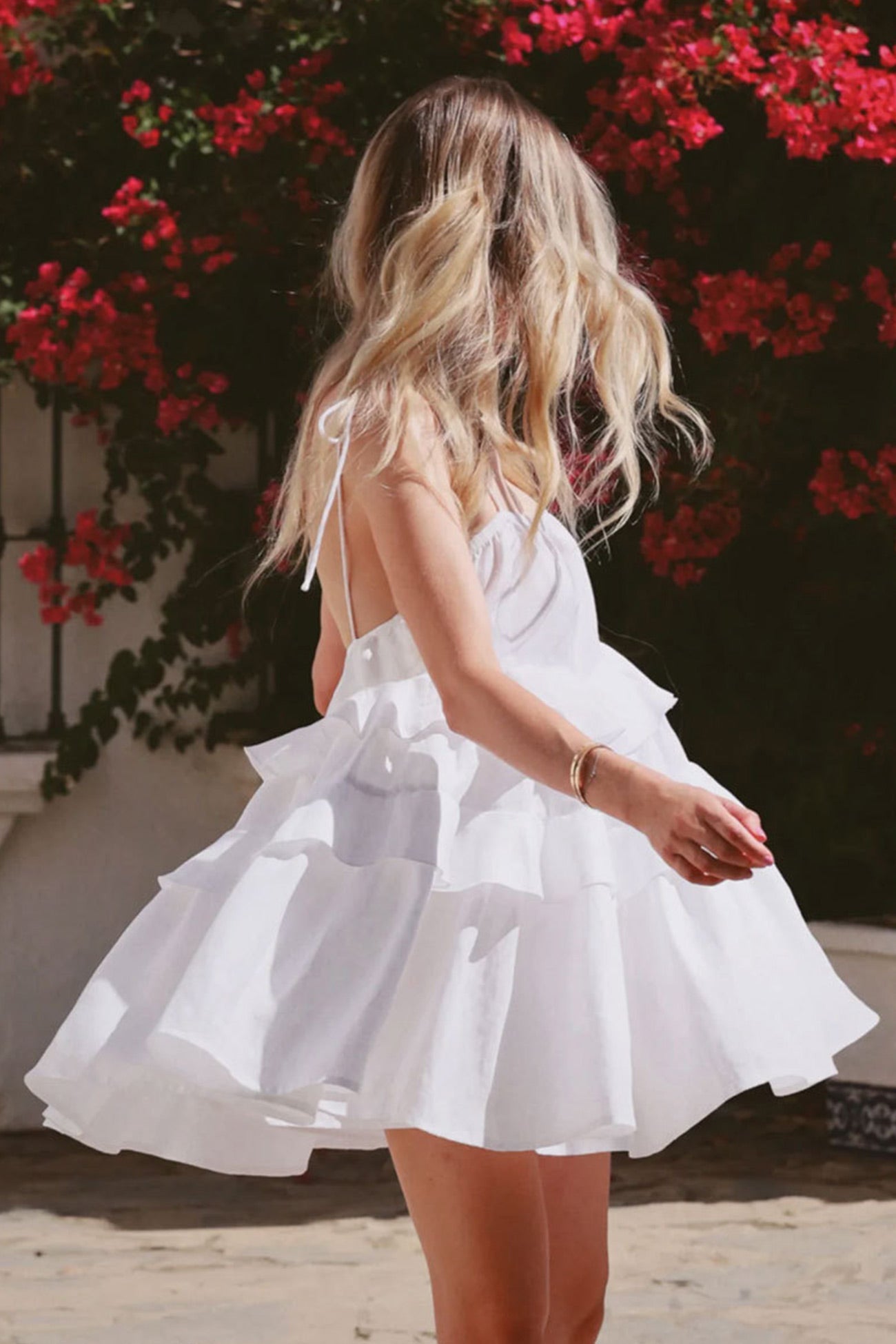 Scoop Neck Bow Tie Shoulder Spaghetti Strap Triple Tier Ruffle Babydoll Mini Dress