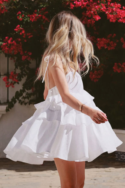 Scoop Neck Bow Tie Shoulder Spaghetti Strap Triple Tier Ruffle Babydoll Mini Dress