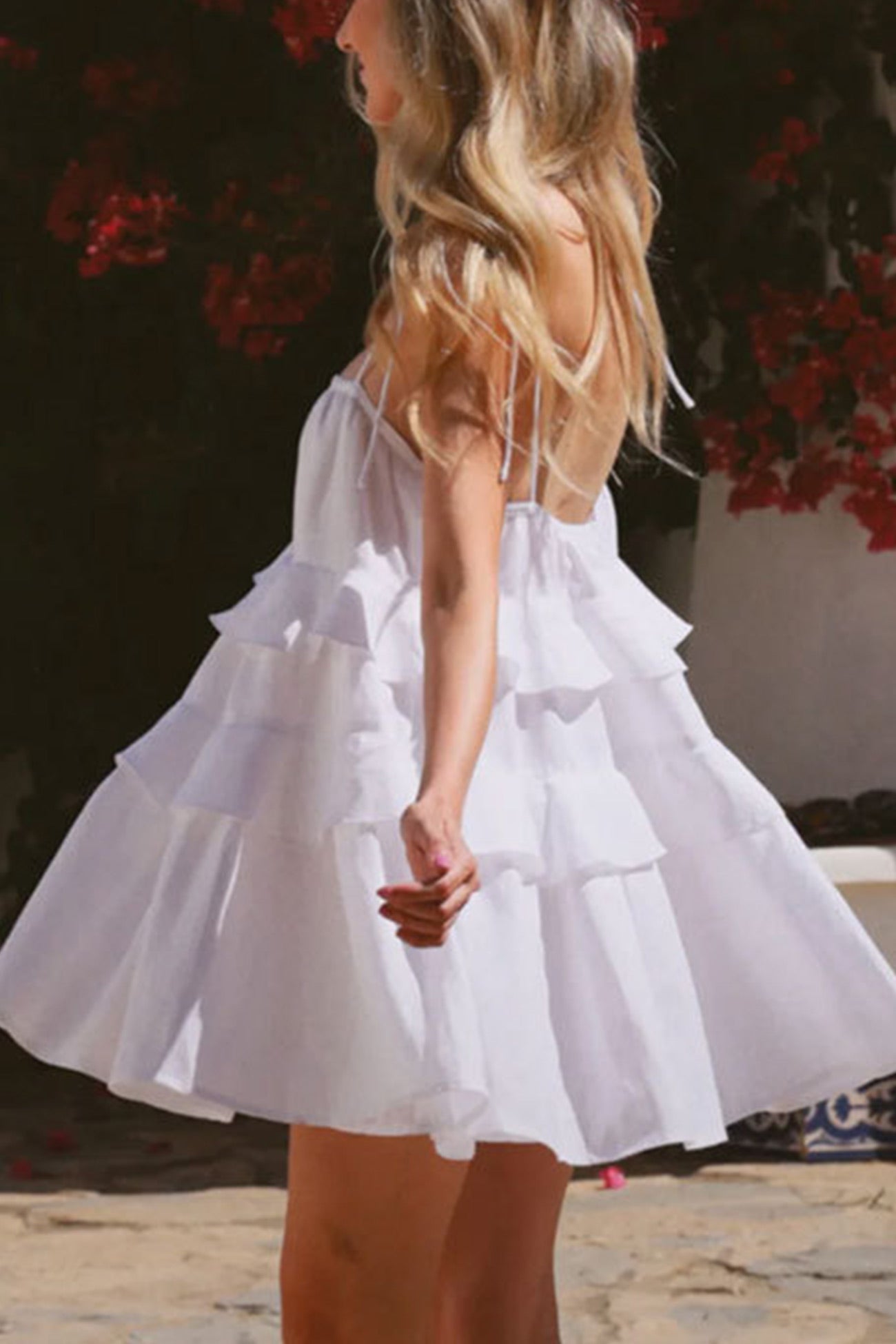 Scoop Neck Bow Tie Shoulder Spaghetti Strap Triple Tier Ruffle Babydoll Mini Dress