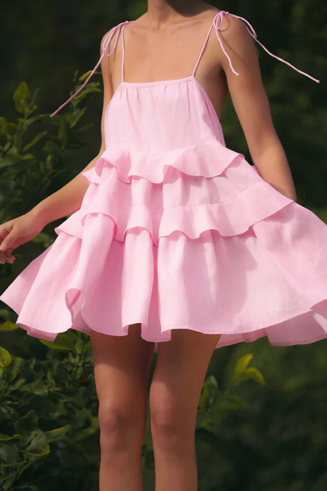Scoop Neck Bow Tie Shoulder Spaghetti Strap Triple Tier Ruffle Babydoll Mini Dress