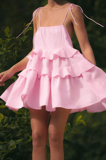 Scoop Neck Bow Tie Shoulder Spaghetti Strap Triple Tier Ruffle Babydoll Mini Dress