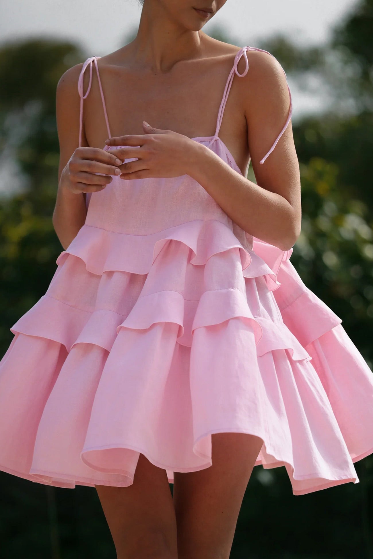 Scoop Neck Bow Tie Shoulder Spaghetti Strap Triple Tier Ruffle Babydoll Mini Dress