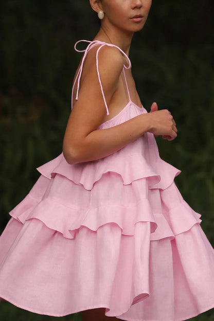 Scoop Neck Bow Tie Shoulder Spaghetti Strap Triple Tier Ruffle Babydoll Mini Dress