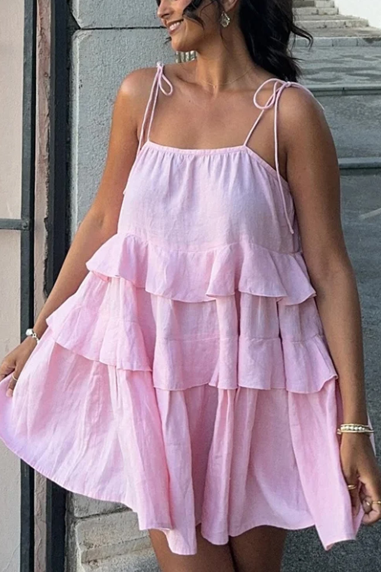 Scoop Neck Bow Tie Shoulder Spaghetti Strap Triple Tier Ruffle Babydoll Mini Dress