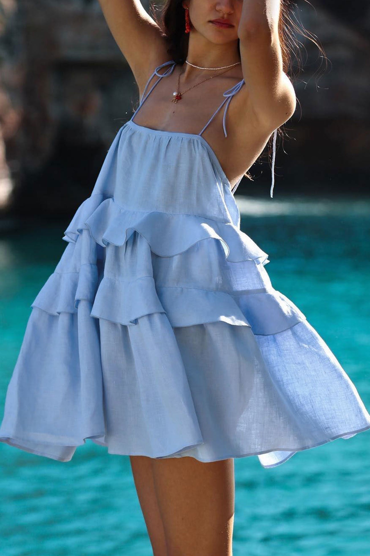 Scoop Neck Bow Tie Shoulder Spaghetti Strap Triple Tier Ruffle Babydoll Mini Dress