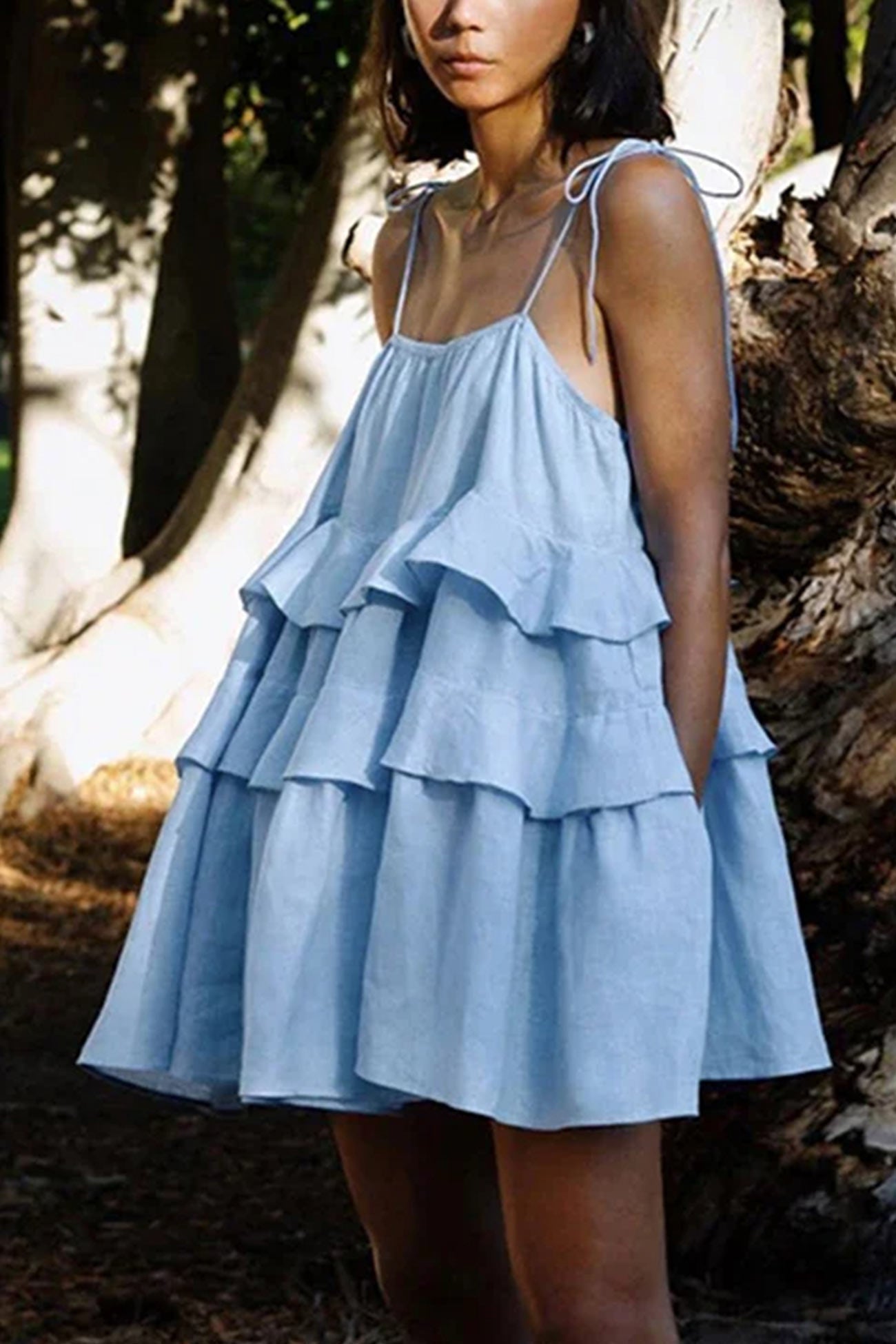 Scoop Neck Bow Tie Shoulder Spaghetti Strap Triple Tier Ruffle Babydoll Mini Dress