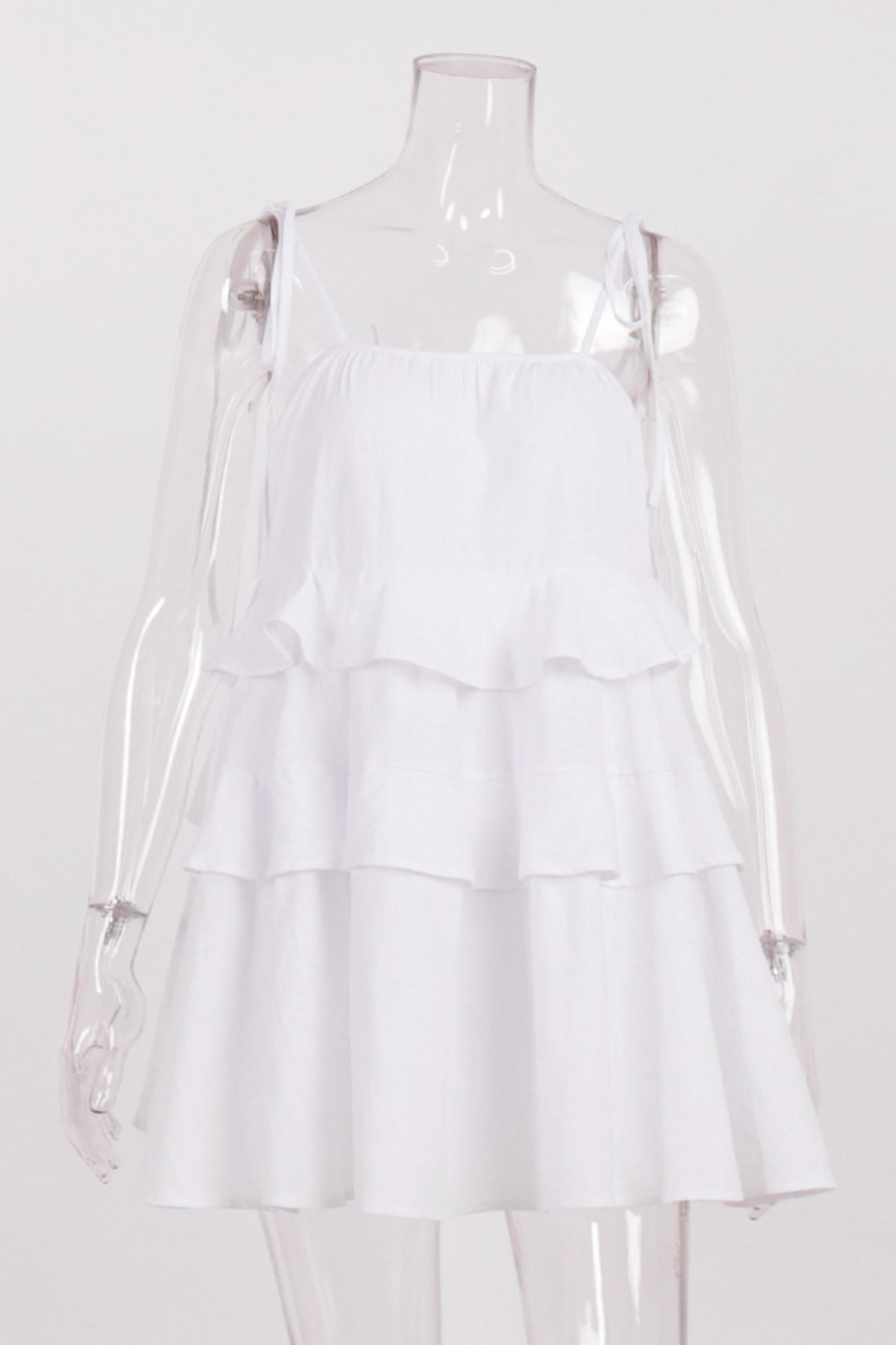 Scoop Neck Bow Tie Shoulder Spaghetti Strap Triple Tier Ruffle Babydoll Mini Dress