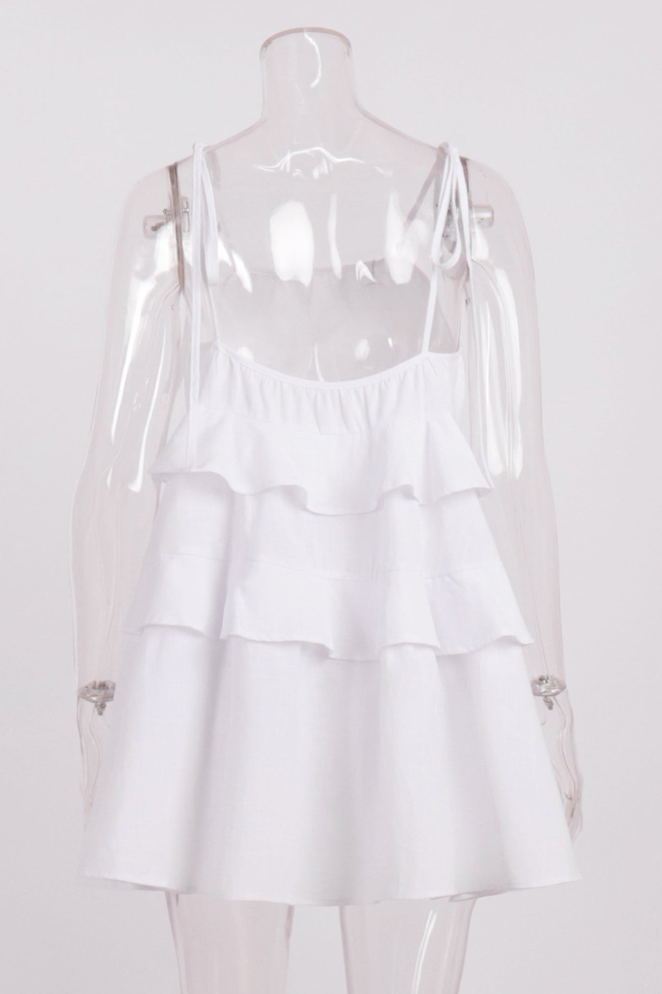 Scoop Neck Bow Tie Shoulder Spaghetti Strap Triple Tier Ruffle Babydoll Mini Dress