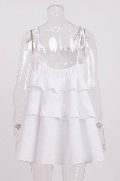 Scoop Neck Bow Tie Shoulder Spaghetti Strap Triple Tier Ruffle Babydoll Mini Dress