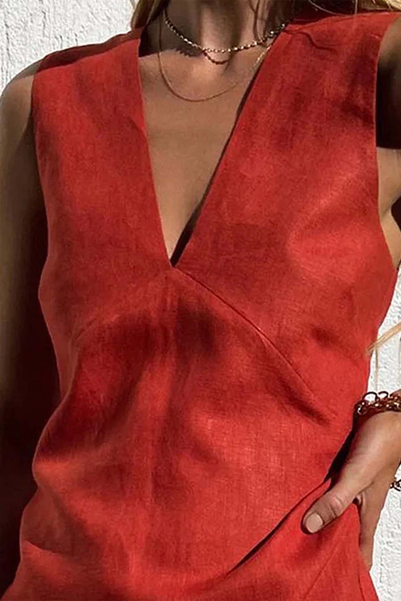 Linen Blend Deep V-Neck Sleeveless Shift Mini Dress