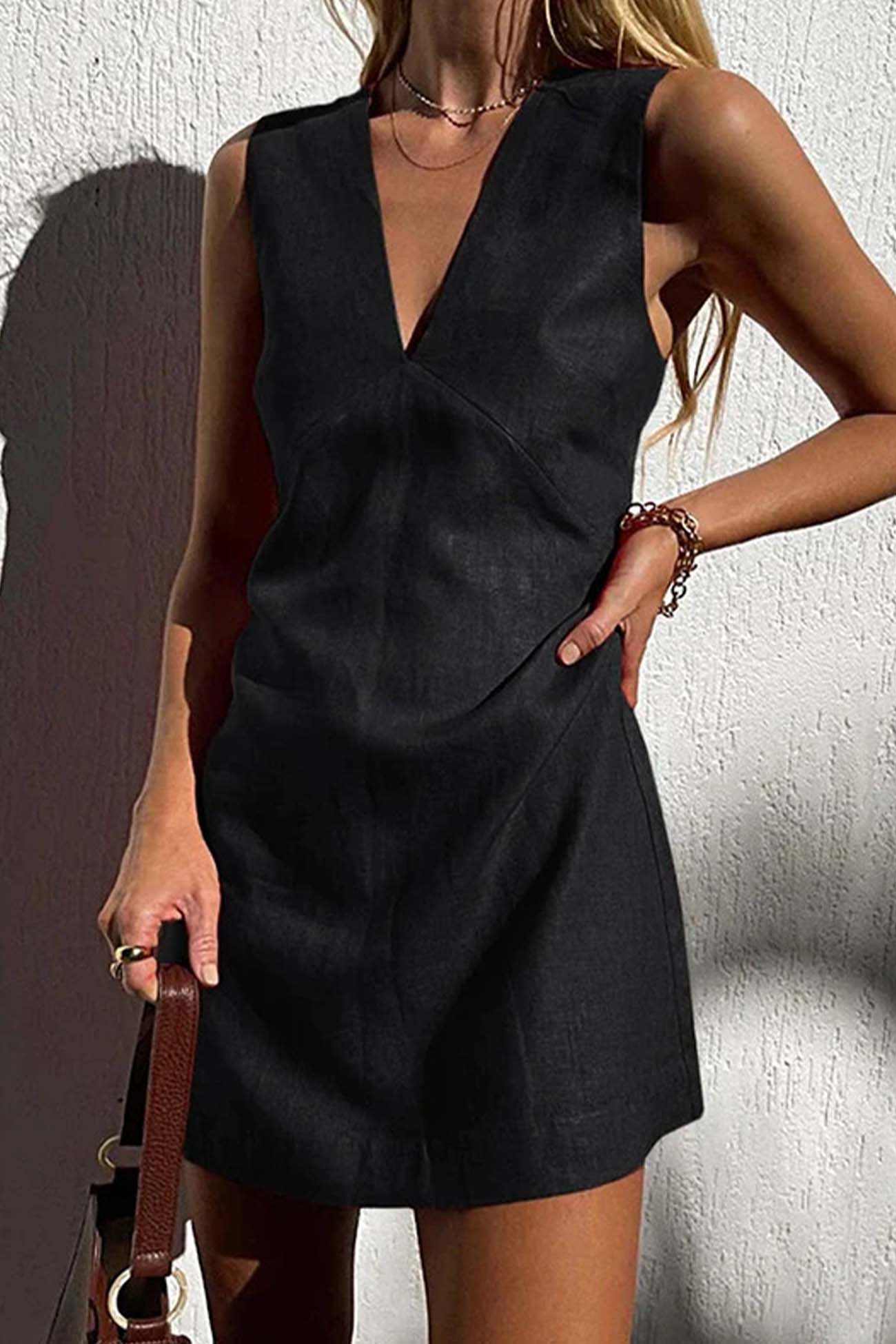 Linen Blend Deep V-Neck Sleeveless Shift Mini Dress