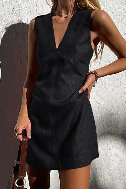 Linen Blend Deep V-Neck Sleeveless Shift Mini Dress