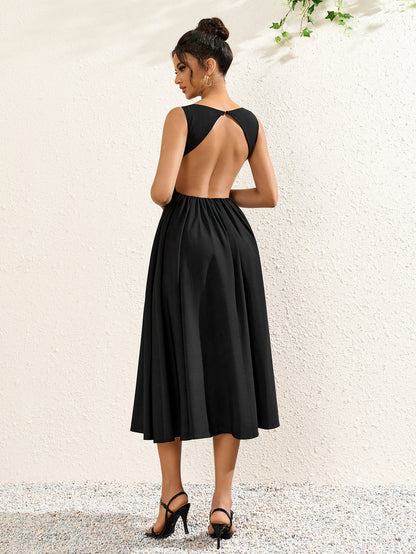 Crew Neck Backless Cut Out Ruched Solid Dress