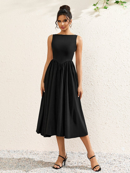 Crew Neck Backless Cut Out Ruched Solid Dress