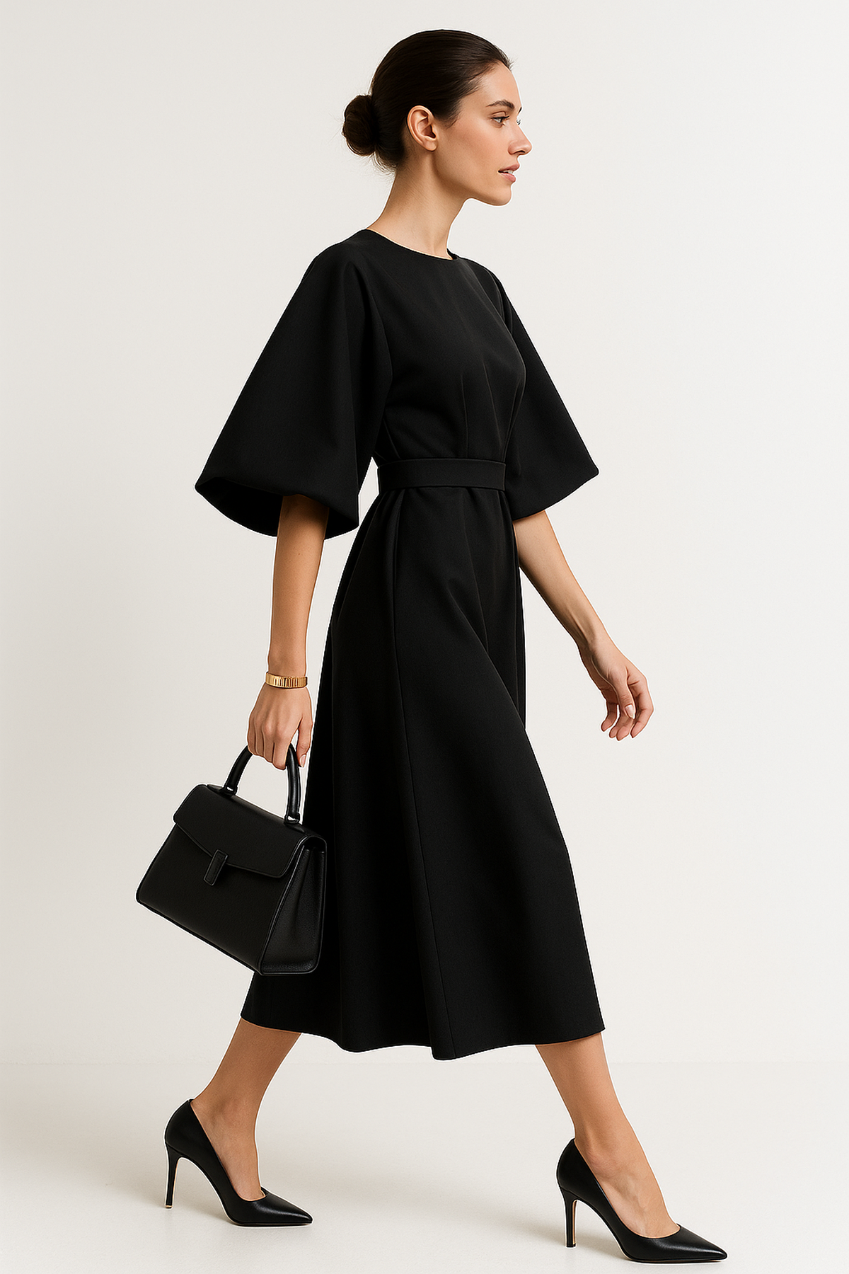 Batwing Sleeve Midi Dress | Belted A-Line Silhouette