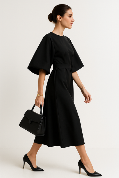 Batwing Sleeve Midi Dress | Belted A-Line Silhouette