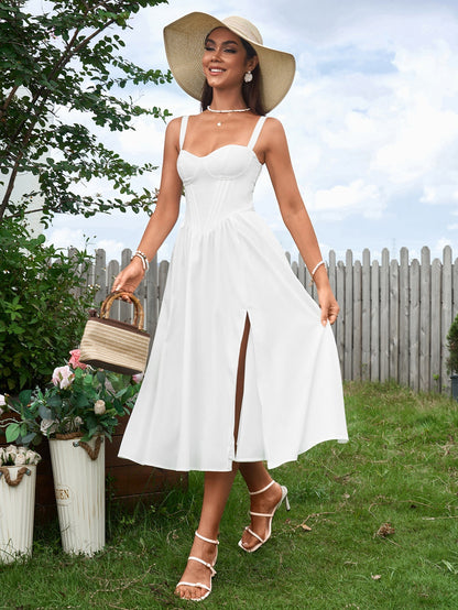 Crisscross Tie Back Ruched Corset Split Dress