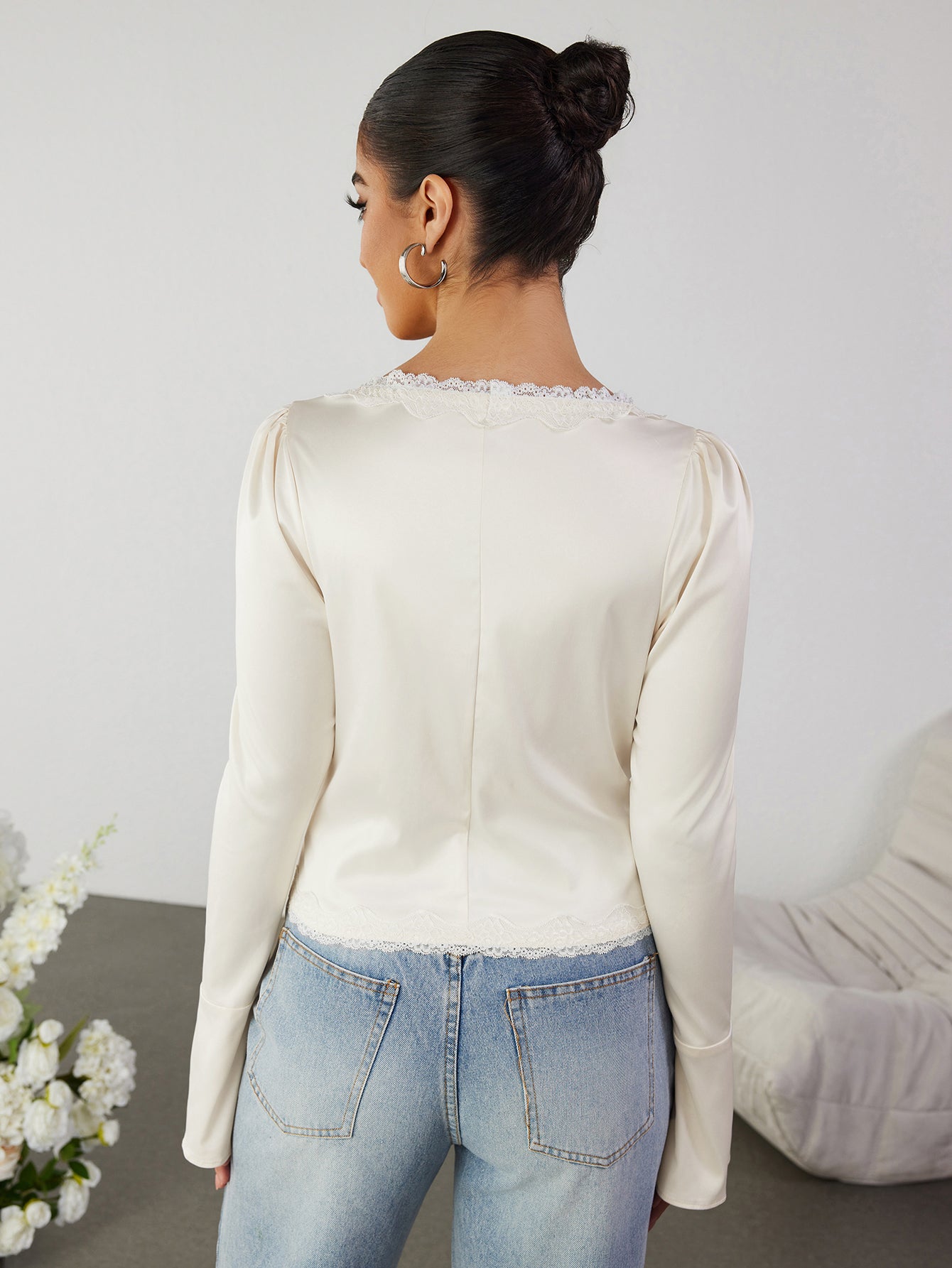 Cut Out Lace Trim Tie Front Top