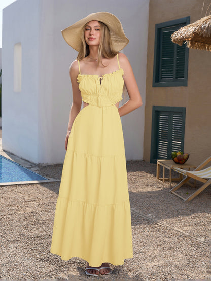 Cut Out Tie Front Flounce Trim Solid Cami Dress