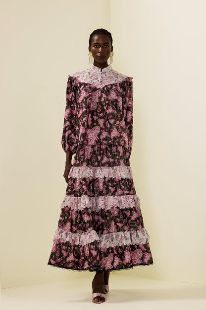 Paisley Print Gold Foil Stamping  Midi Dress