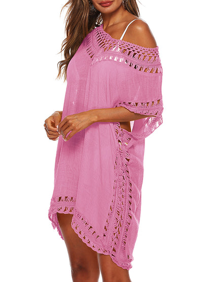 Loose Raglan Sleeve Hollow See-Through Solid Color Split-Joint V-Neck Mini Dresses