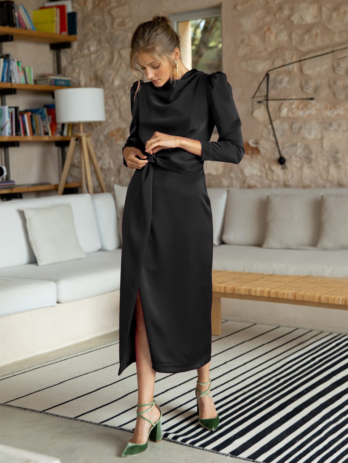 Ximena Satin Long Sleeve Midi Dress - Black