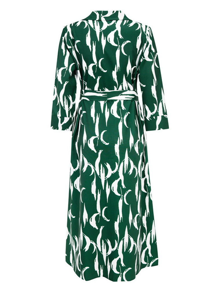 Shirt Midi Dress Green Turndown Collar Split Front Long Sleeves Geometric Layered Dress