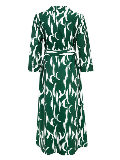 Shirt Midi Dress Green Turndown Collar Split Front Long Sleeves Geometric Layered Dress