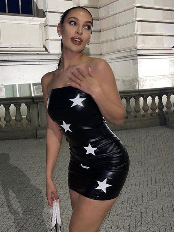 Bodycon Dresses Black Printed Sleeveless Piping Sexy Strapless Stretch Midi Dress Sheath Dress