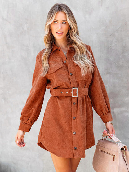Corduroy Shirt Dresses Solid Color Belted Daily Fall Spring Mini Dress