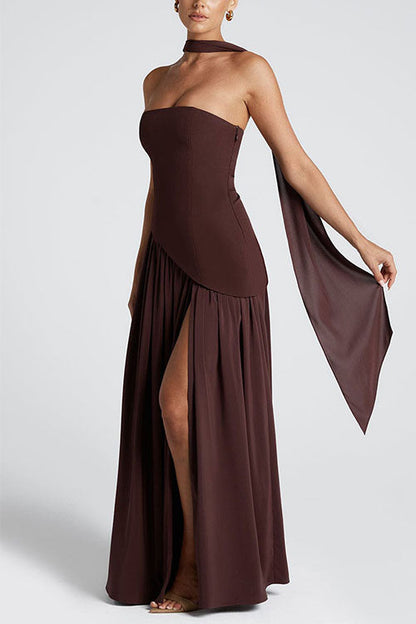 Strapless Back Lace-up High Slit Splice Maxi Dress