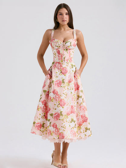 Corset Dress Floral Wide Strap Backless Trendy Brunch Party Midi Dresses