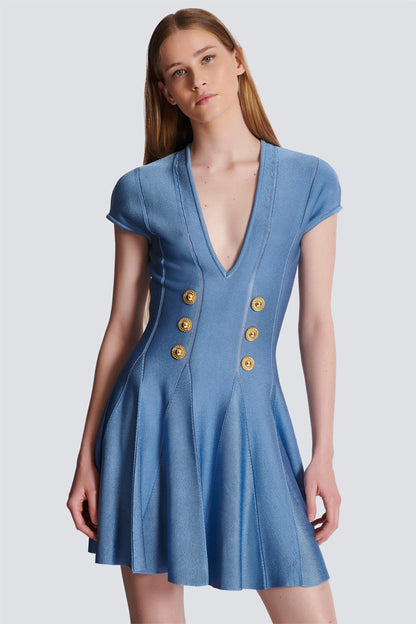 Knit V-Neck Metal Button Mini Dress