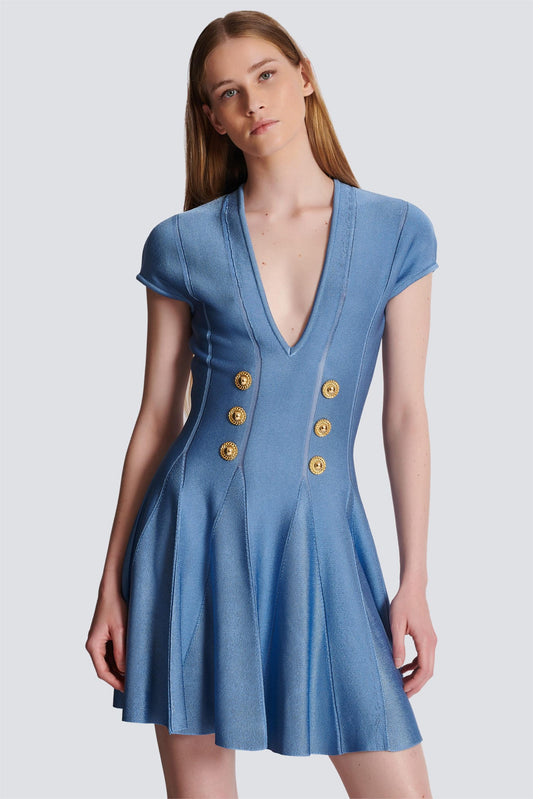 Knit V-Neck Metal Button Mini Dress