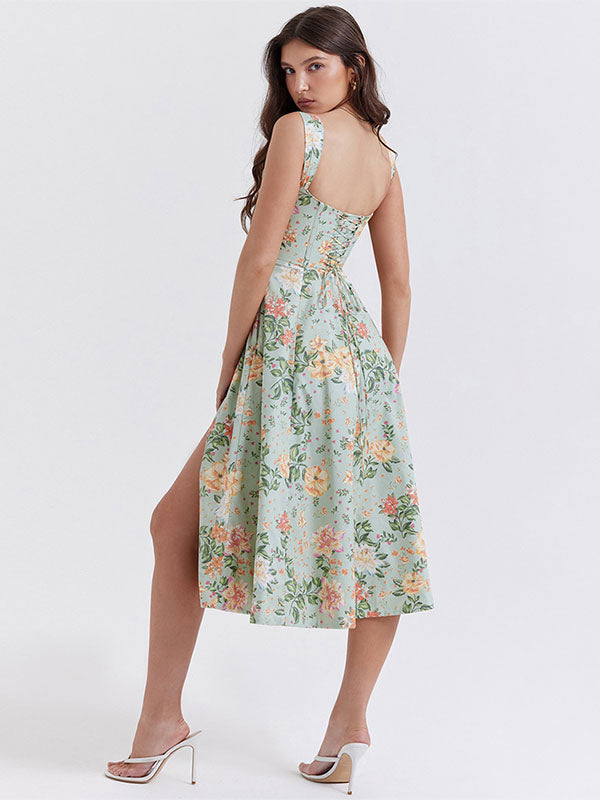 Floral Midi Dresses Backless Split Front U-Neck Sleeveless Lace-up Side Slit Chic Dress