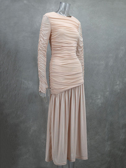 Long Sleeves Skinny Pleated See-Through Solid Color Split-Joint Round-Neck Evening Dresses Maxi Dresses