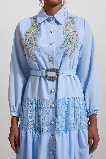 Solid Lace Embroidered Rhinestone Lantern Sleeve Midi Dress